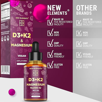 Liquid Vitamin D3 K2 10000IU with Magnesium Glycinate 5mg | VIT D3 K2 Drops for Adults | Mk7 Vitamin K2 100mcg | Vitamin D3 + K2 Supplement for Men & Women | Gluten Free | Non-GMO