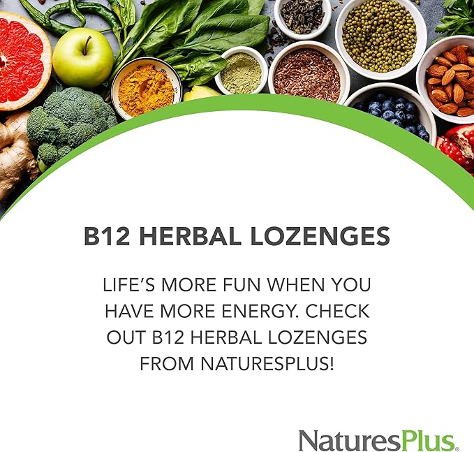Natures Plus B12 Herbal Lozenges (Methylcobalamin) - 1000 mcg, 30 Sublingual Lozenges - Raspberry - Maximum Absorption Red Blood Cell Support - Energy Booster - Vegetarian, Gluten-Free - 30 Servings