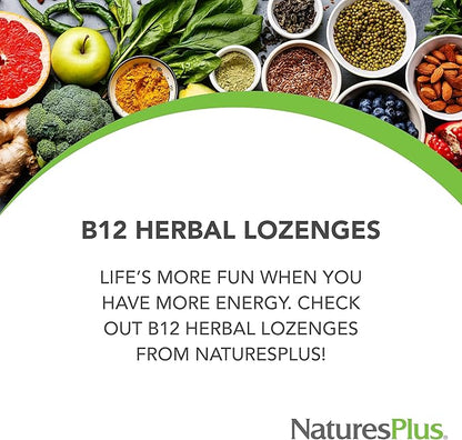 Natures Plus B12 Herbal Lozenges (Methylcobalamin) - 1000 mcg, 30 Sublingual Lozenges - Raspberry - Maximum Absorption Red Blood Cell Support - Energy Booster - Vegetarian, Gluten-Free - 30 Servings
