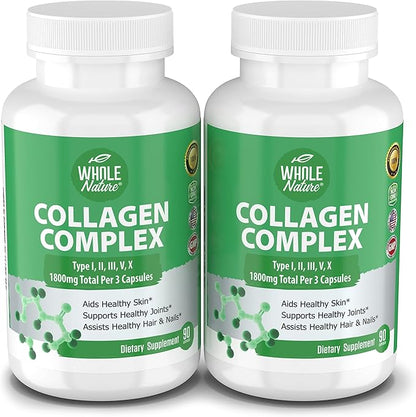 Multi Collagen Protein Peptides Supplement Capsules - 1800mg Collagen Complex Types I, II, III, V, X - Joint Support, Healthy Hair, Skin, Nails, Beauty Vitamins, 100% Natural, Non-GMO 180ct (2)