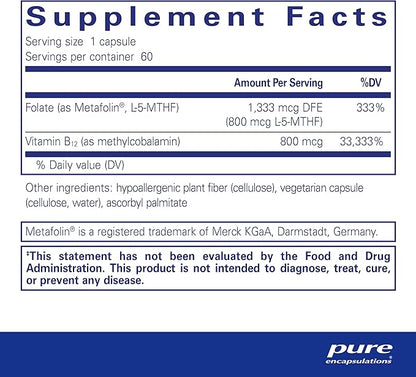 Pure Encapsulations B12 Folate - Energy Supplement to Support Nerves, Energy Metabolism & Cognitive Support* - with Vitamin B Folate as Metafolin - 60 Capsules