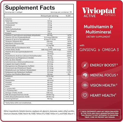 Vivioptal Active, 90 Softgels, Ginseng & Omega 3, Multivitamin & Multimineral, Gluten Free, German Formula