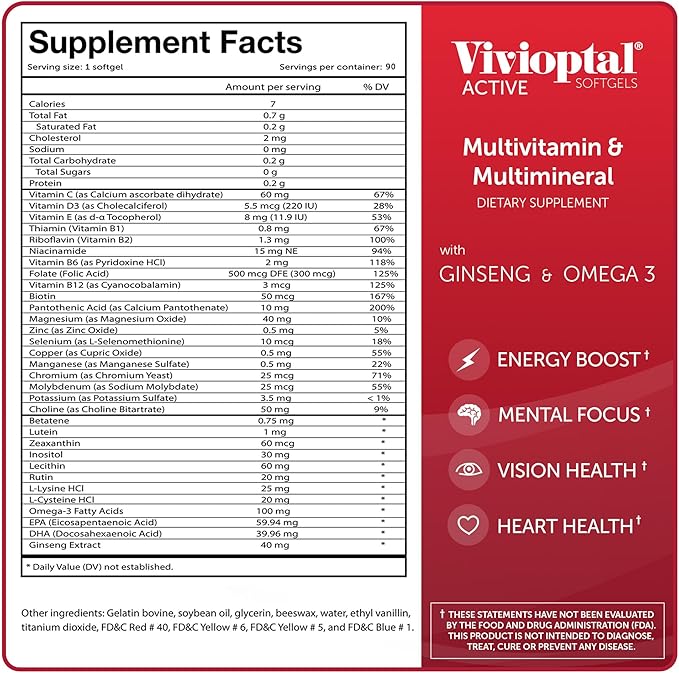 Vivioptal Active, 90 Softgels (1 Year Supply), Ginseng & Omega 3, Multivitamin & Multimineral, Gluten Free, German Formula