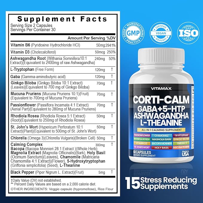 Corti-Calm Cortisol Supplement, L Theanine, Ashwagandha, Vitamin D 3, GABA for Relaxation, Fatigue & Focus with Ginkgo Biloba, Bacopa Monnieri, 5-HTP – Non-GMO, Made in USA – 60ct