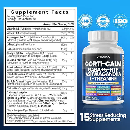 Corti-Calm Cortisol Supplement, L Theanine, Ashwagandha, Vitamin D 3, GABA for Relaxation, Fatigue & Focus with Ginkgo Biloba, Bacopa Monnieri, 5-HTP – Non-GMO, Made in USA – 60ct