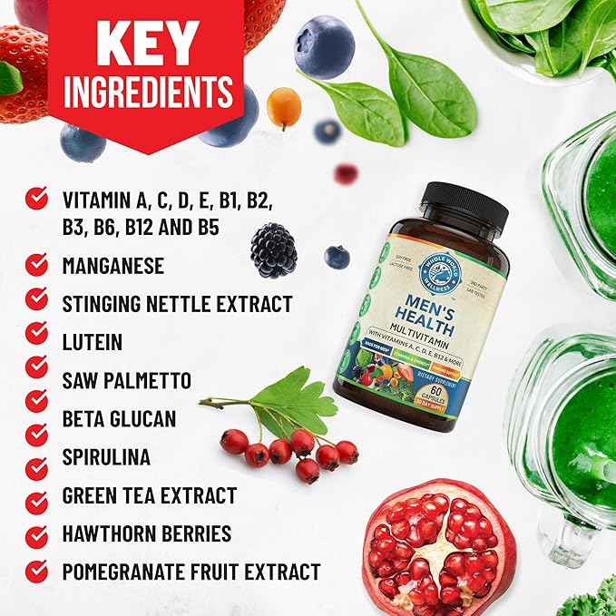 Mens Daily Multivitamin Multimineral Supplement for Energy, Focus, Stamina & Performance. Made for Men with 30+ Nutrients, Fruit & Energy Blend. Mens Vitamins USA Made 60 Capsules