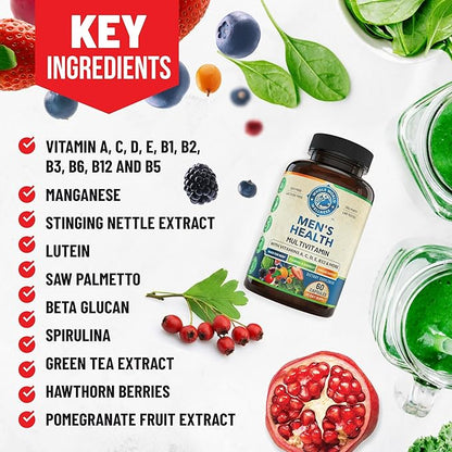 Mens Daily Multivitamin Multimineral Supplement for Energy, Focus, Stamina & Performance. Made for Men with 30+ Nutrients, Fruit & Energy Blend. Mens Vitamins USA Made 60 Capsules