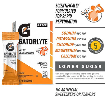 Gatorlyte Electrolyte Beverage Powder, Orange, Makes 20 Fl Oz, 3.1 ounce (Pack of 6)