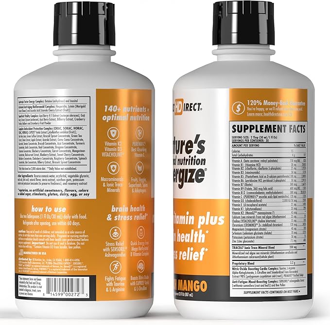 HEALTH DIRECT - Nature's Optimal Nutrition Energize Liquid Multivitamin Superfood - 140+ Nutrients - Mental Clarity & Energy - Immune & Cardiovascular Support – 30 Servings – Peach Mango