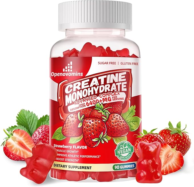 Creatine Monohydrate Gummies Complex 6400mg for Men & Women -Advanced Formula W/L-Taurine + Vitamin B12, Sugar Free Chewable Supplement,90 Strawberry Gummies