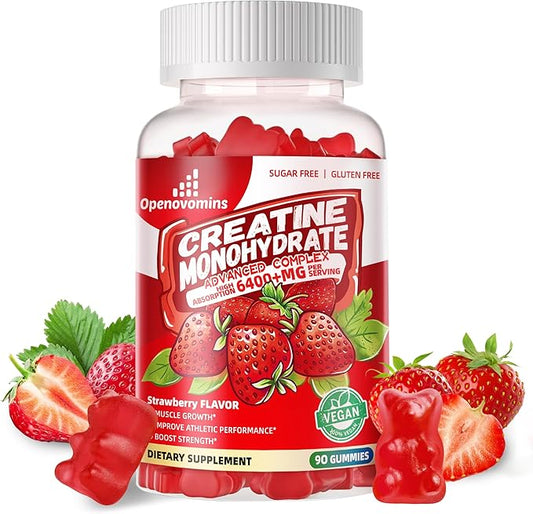 Creatine Monohydrate Gummies Complex 6400mg for Men & Women -Advanced Formula W/L-Taurine + Vitamin B12, Sugar Free Chewable Supplement,90 Strawberry Gummies