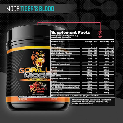 Gorilla Mode Pre Workout - Massive Pumps · Laser Focus · Energy · Power - L-Citrulline, Creatine, L-Tyrosine, Betaine, Hydroprime®, Alpha-GPC, 400mg Caffeine, Huperzine A - 800g (Tigers Blood)