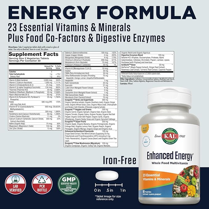 KAL Enhanced Energy Supplements, 3 Daily - Whole Food Multivitamin for Women and Men, Iron Free - 23 Essential Vitamins, Minerals, Super Foods, Digestive Enzymes, 60-Day Guarantee, 30 Serv, 90 VegTabs