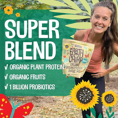 EarthChimp Organic Vegan Protein Powder - with Probiotics - Non GMO, Dairy Free, Non Whey, Plant Based Protein Powder for Women and Men, Gluten Free - 52 Servings 64 Oz (Plain & Unsweetened) No Scoop