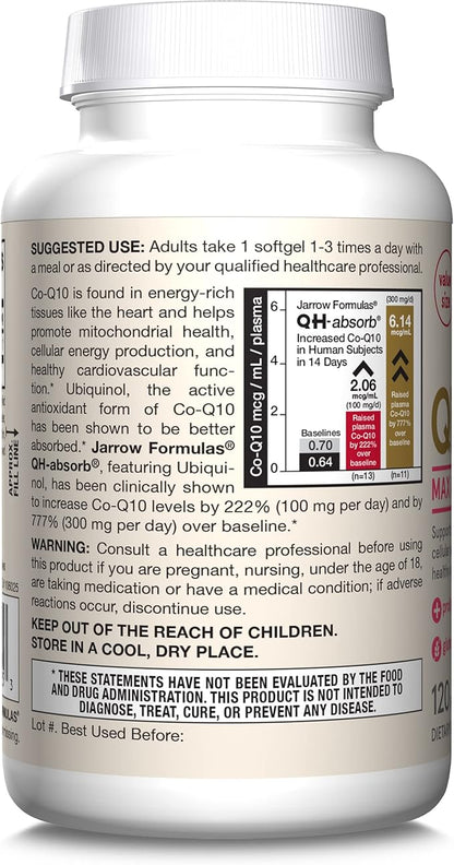 Jarrow Formulas QH-Absorb, 100 mg, Ubiquinol Dietary Supplement for Healthy Cardiovascular Function, 120 Softgels, 120 Day Supply