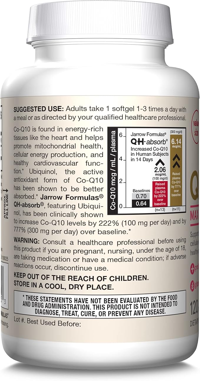 Jarrow Formulas® QH-Absorb®, 100 mg, Ubiquinol Dietary Supplement for Healthy Cardiovascular Function, 120 Softgels, 120 Day Supply