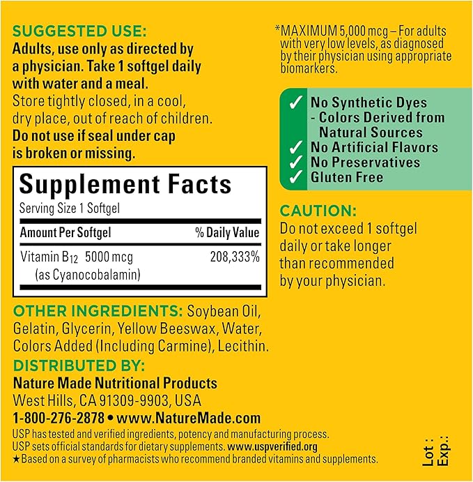 Nature Made Maximum Strength Vitamin B12 5000 mcg, Dietary Supplement for Energy Metabolism Support, 60 Softgels, 60 Day Supply