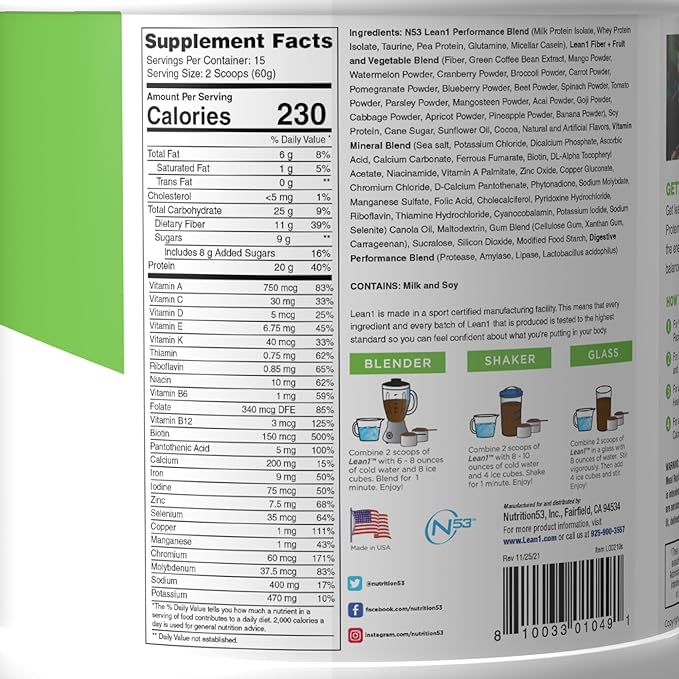 Lean1 meal replacement protein powder, chocolate flavor, 15 serving tub