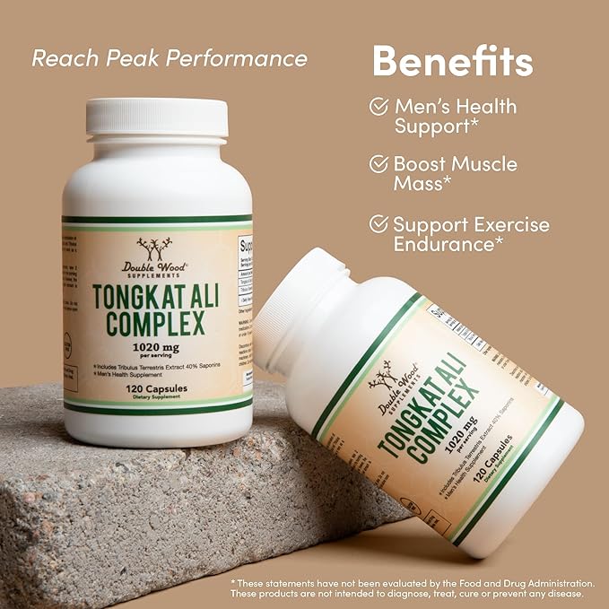 Tongkat Ali Extract 200 to 1 for Men (Longjack) Eurycoma Longifolia, 1020mg per Serving, 120 Capsules - Men's Health Support with 20mg Tribulus Terrestris (Third Party Tested) by Double Wood