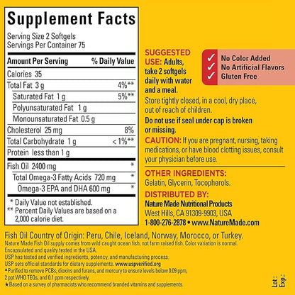 Nature Made Fish Oil 1200 mg Softgels, Fish Oil Supplements, Omega 3 Fish Oil for Healthy Heart Support, Omega 3 Supplement with 150 Softgels, 75 Day Supply