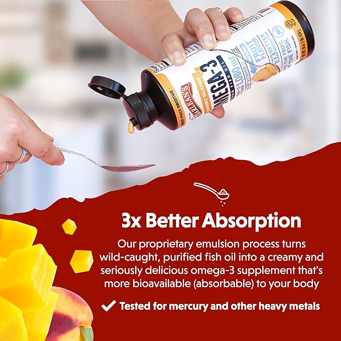 Barlean's Mango Peach Omega 3 Fish Oil Liquid Supplement with Vitamin D, 1080mg EPA & DHA Fatty Acid, Smoothie Flavored & Burpless for Brain, Joint, & Heart Health, 8 oz