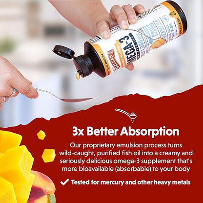 Barlean's Mango Peach Omega 3 Fish Oil Liquid Supplement with Vitamin D, 1080mg EPA & DHA Fatty Acid, Smoothie Flavored & Burpless for Brain, Joint, & Heart Health, 8 oz