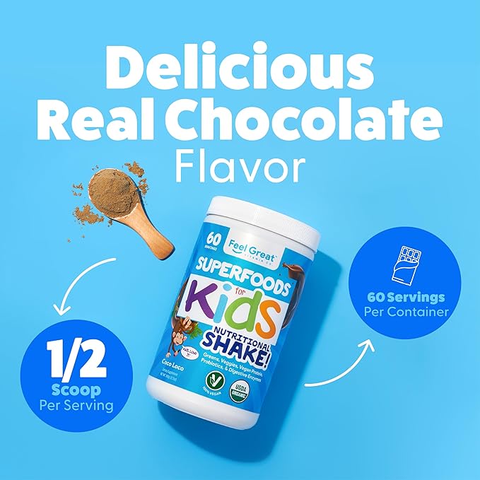 Kids Organic Super Greens Powder with Fruits & Veggies - All-In-One Kids Multivitamin made from Real Plants - No Synthetic Vitamins, No Fillers or Binders, No Sugar Added.