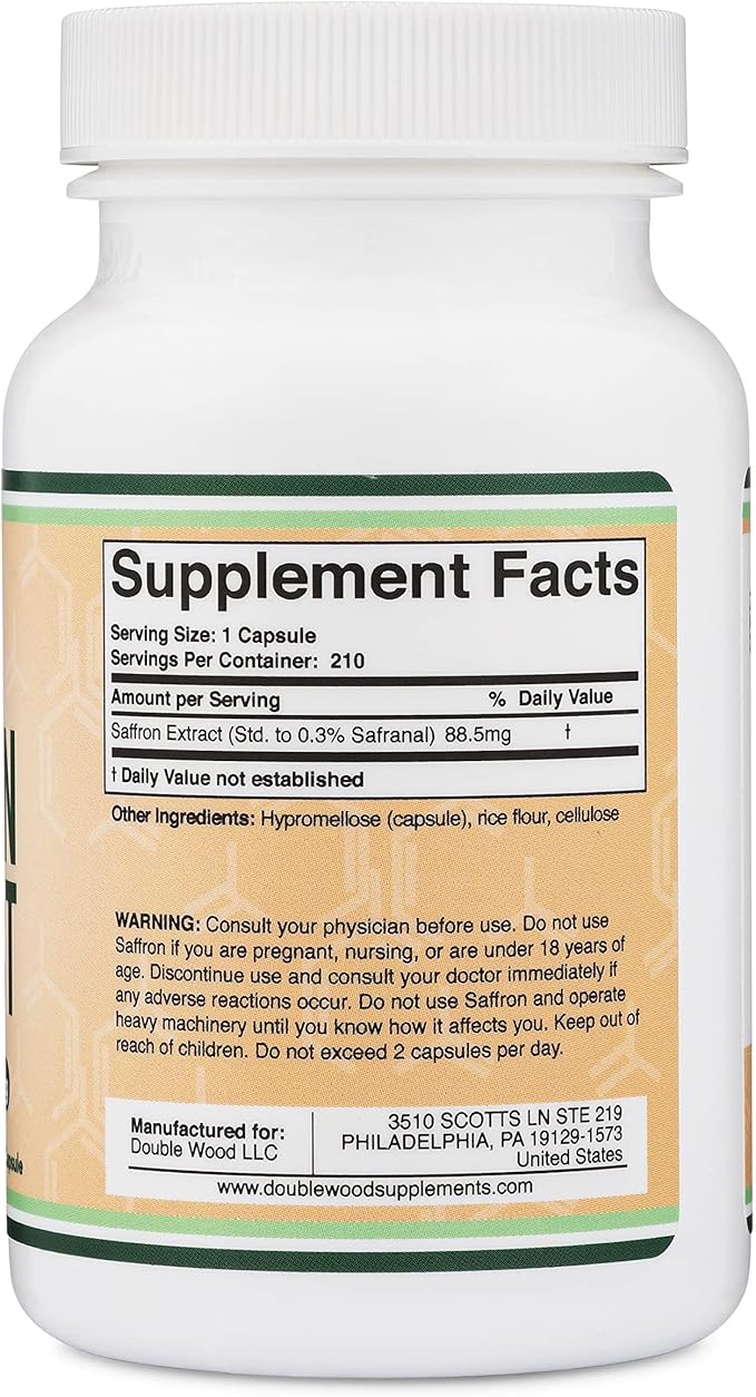 Saffron Supplement for Focus - Saffron Extract 88.5mg Vegan Capsules (210 Count) Minor Appetite Suppressant for Healthy Weight Management (Supports Eye, Retina, and Lens Health) by Double Wood