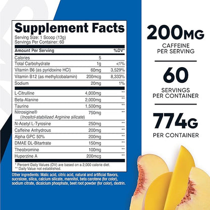 Nutricost Pre-Workout Complex Powder (60 Servings, Peach Mango) - Pre-Workout Supplement with Beta-Alanine, Taurine & Amino Acids