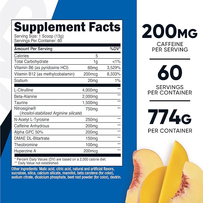 Nutricost Pre-Workout Complex Powder (60 Servings, Peach Mango) - Pre-Workout Supplement with Beta-Alanine, Taurine & Amino Acids