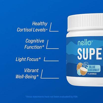Nello Supercalm Powdered Drink Mix, Blue Coconut, L Theanine, Ksm-66 Ashwagandha, Magnesium Glycinate, Vitamin D 3, Supplements for Relaxation & Focus, No Sugar, Non GMO, Vegan, On The Go, 30 Srvgs