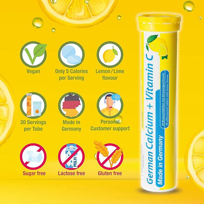 German Calcium + VIT. C - 480 Vegan Drink Effervescent Tablets - Lemon Lime Flavor - Made in Germany