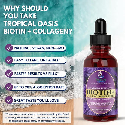 Maximum Strength 165,000mcg Liquid Biotin & Collagen Drops – Vitamins for Hair Growth for Women & Men – Supports Healthy Hair, Radiant Skin & Strong Nails – 98% Absorption, Non-GMO, 60 Servings