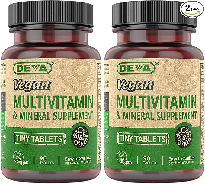 DEVA Tiny Tablets Vegan Multivitamins for Women & Men, Multivitamin with Iron, Mineral Supplement, Vitamin C, Vitamin B Complex, Vitamin B12, Vitamin E, Zinc, Gluten Free, 90 Tablets (Pack of 2)