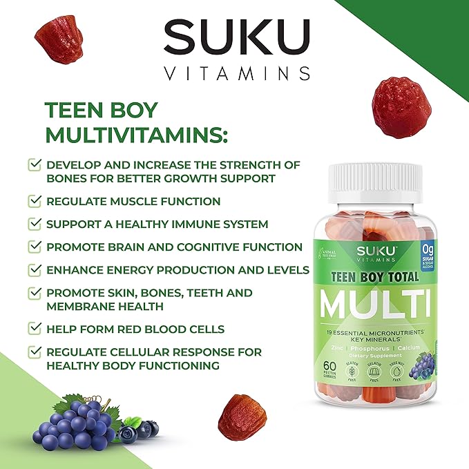 Teen Boy Multivitamin – Sugar Free Vegetarian Gummy Supplement for Teen Boys 19 Essential Nutrients Strengthens Bones Muscles Enhances Energy Health – Blueberry Grape Flavor (60 Count)