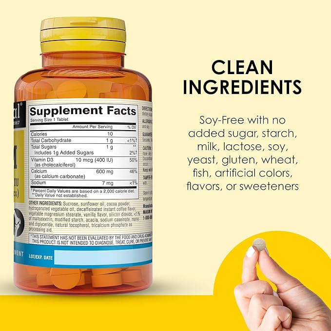 MASON NATURAL Calcium 600 mg with Vitamin D3 - Supports Healthy Bones, Strengthens Muscle Function, Coffee Mocha Flavor, 100 Chewables (Pack of 3)