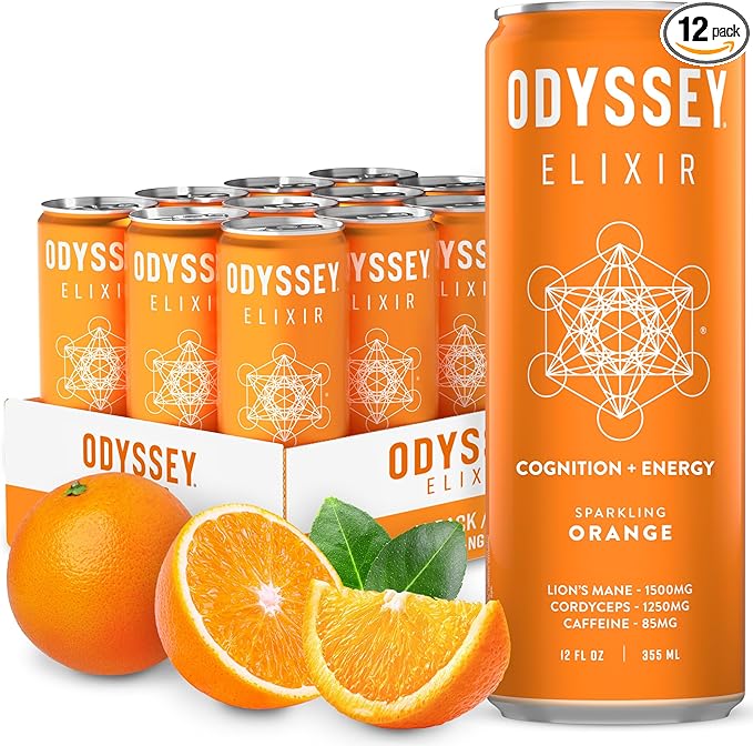 Odyssey Elixir Functional Beverage - Adaptogen Drink with Lions Mane, Cordyceps, L Theanine & Green Tea Caffeine - for Cognition, Energy & Mood Boost - 0 Added Sugar - Orange - 12 Fl oz, 12 Pack