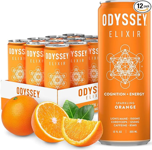Odyssey Elixir Functional Beverage - Adaptogen Drink with Lions Mane, Cordyceps, L Theanine & Green Tea Caffeine - for Cognition, Energy & Mood Boost - 0 Added Sugar - Orange - 12 Fl oz, 12 Pack