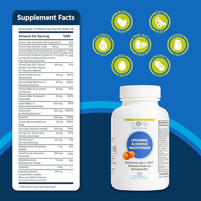 Liposomal Methylated Multivitamin B-Complex by Core Med Science, 90 Softgels - Non-GMO Active Super B Complex Vitamin Supplement for Heart Health - VIT Methyl B Complex Immune Support Supplement