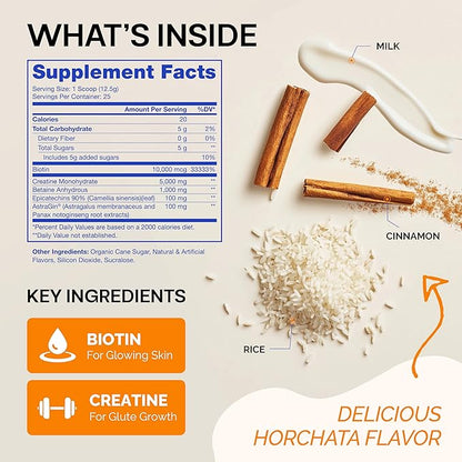 Glute Y Glow, Creatine for Women 2-in-1 Booty & Beauty Elixir W/Creatina para Glúteos┃Supports Faster Hair Growth, Stronger Nails & Glowing Skin - Horchata Flavor