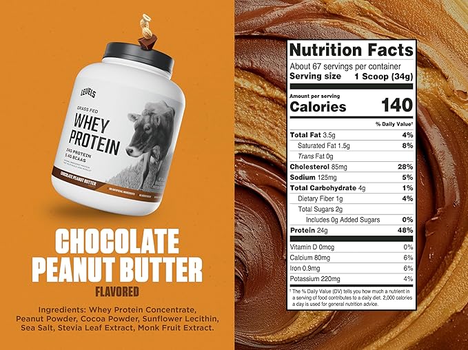 Levels Grass Fed Whey Protein Powder, No Artificials, 24G of Protein, Chocolate Peanut Butter, 5LB