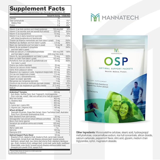 Mannatech More Than Just a Multivitamin, Optimal Support Packets Amazing Self-Care Benefits of OSP Daily Vitamins, w/Ashwagandha Capsules, Immune Support and Antioxidant Supplement - 60 Packets