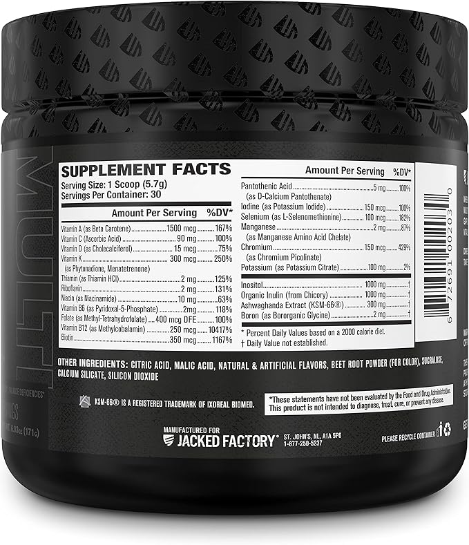 Jacked Factory Vita XT Performance Vitamin Powder - Daily Multivitamin Powder for Men with KSM-66 Ashwagandha, Prebiotic Fiber, Vitamin A, C, D, K, B6, B12, & More - Fruit Punch, 30Sv