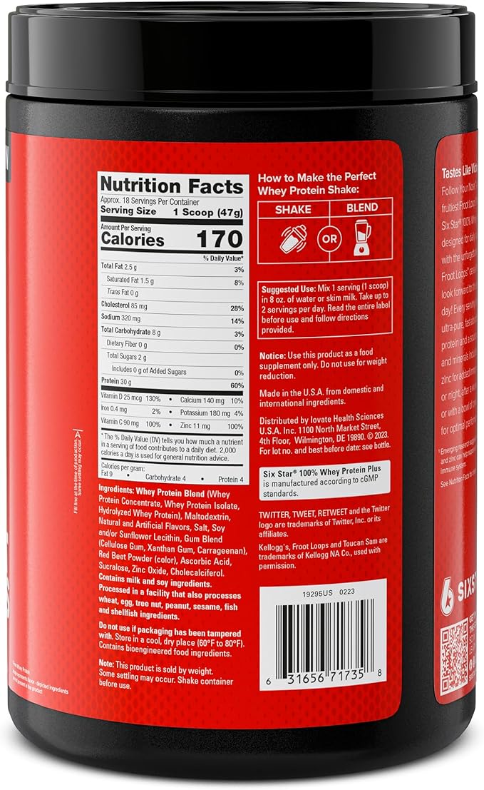 Six Star Whey Protein Powder Plus | Muscle Building & Recovery Plus Immune Support | Muscle Builder for Men & Women | Kellogg’s Froot Loops Flavor | 1.8lb