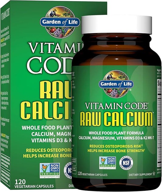 Garden of Life Raw Calcium Supplement for Women and Men - Vitamin Code Made from Whole Foods with Magnesium, K2, Vitamin D3 and Vitamin C, for Bone Strength, Probiotics for Digestion, 120 Capsules
