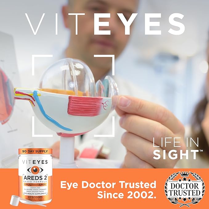 Viteyes AREDS 2 Powder + Multivitamin All-in-One, Macular Protection, Alternative to AREDS 2 chewables, No Pills, Lutein & Zeaxanthin, AREDS 2 Eye Vitamins Drink, Natural Orange Flavor, 90 Scoops