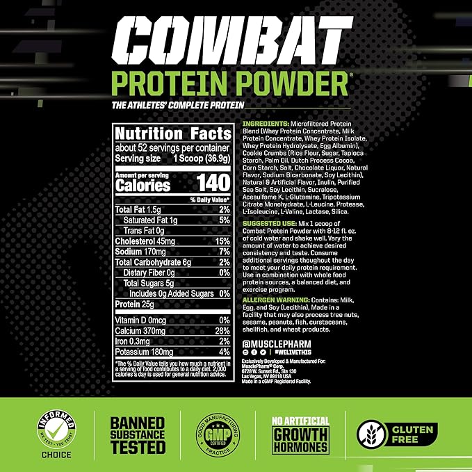 MusclePharm Combat Protein Powder, Cookies ‘N’ Cream Flavor, Fuels Muscles for Productive Workouts, 5 Protein Sources including Whey Protein Isolate & Egg Albumin, Gluten Free, 4 lb, 52 Servings