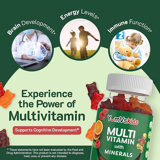 YumVs Kids Multivitamin Gummies - Fruit Flavored Chewable Children's Multivitamin - Kids Vitamins Multivitamin Gummy with 12 Minerals & Vitamins A C D3 E B6 B12 - Kosher Halal Gluten Free (60 Count)
