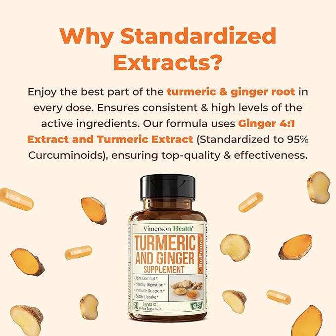 Turmeric Supplement and Ginger Root Joint Support Supplement - Turmeric Curcumin Supplement 95% Curcuminoids. Contains Organic Turmeric with Black Pepper (Bioperine) for Max Absorption. 60 Capsules