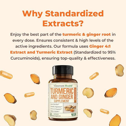 Turmeric Supplement and Ginger Root Joint Support Supplement - Turmeric Curcumin Supplement 95% Curcuminoids. Contains Organic Turmeric with Black Pepper (Bioperine) for Max Absorption. 2 Pack